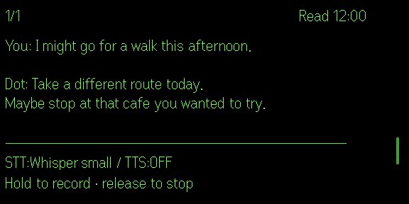 Sample conversation: you mention an afternoon walk; Dot suggests a different route and a cafe.